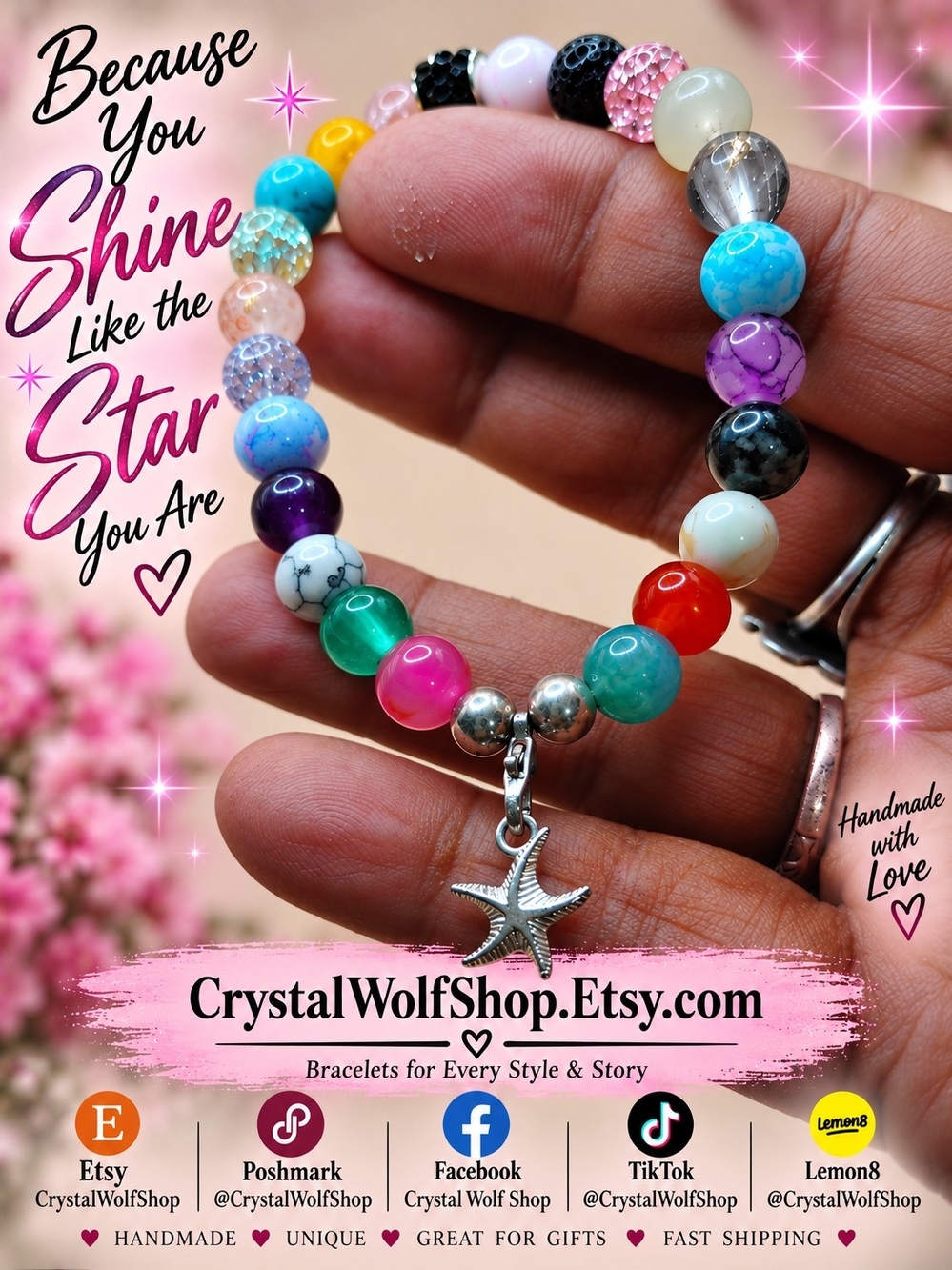Crystal Wolf Multicolor Beaded Starfish Charm Bracelet